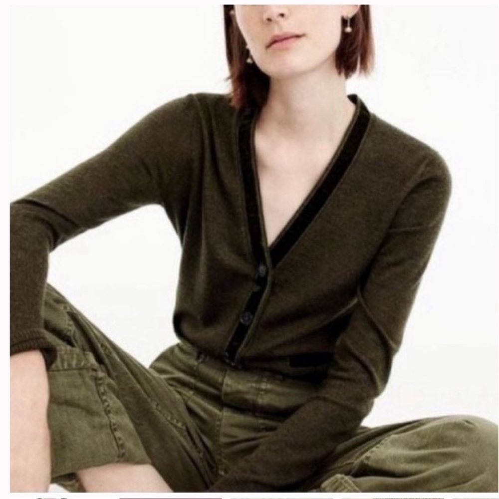 EUC J CREW VELVET TRIM Olive Green Women's CARDIGAN MERINO WOOL